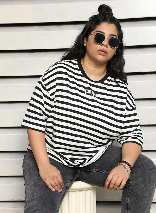 HIGH STAR Plus Size Striped Oversized T-Shirt with  Dropped Shoulder Sleeves by Styli