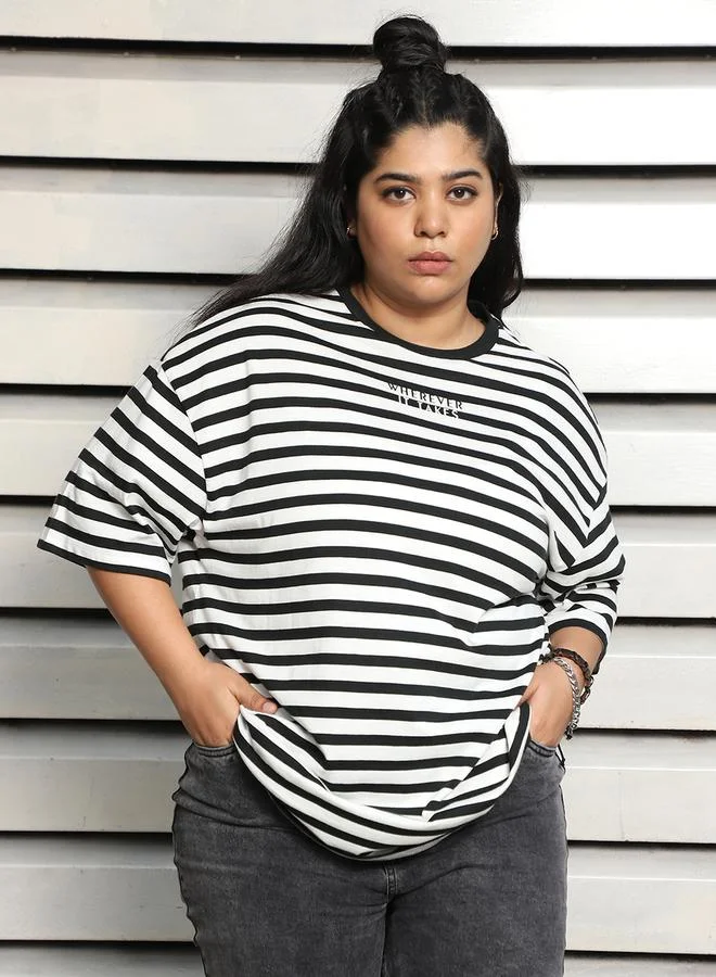 HIGH STAR Plus Size Striped Oversized T-Shirt with  Dropped Shoulder Sleeves by Styli