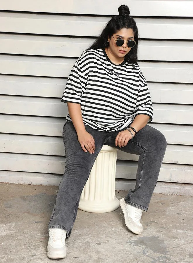 HIGH STAR Plus Size Striped Oversized T-Shirt with  Dropped Shoulder Sleeves by Styli