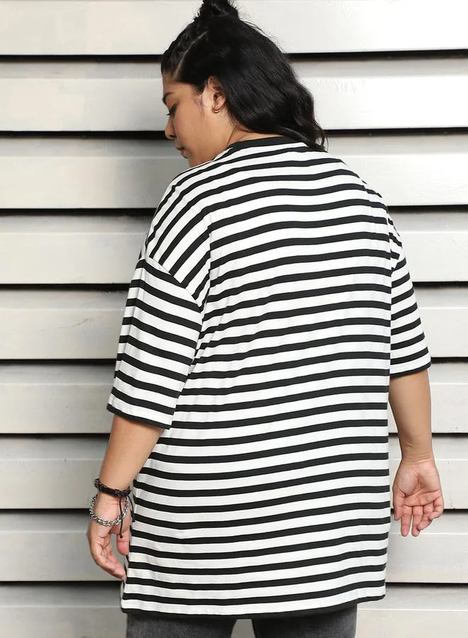 HIGH STAR Plus Size Striped Oversized T-Shirt with  Dropped Shoulder Sleeves by Styli