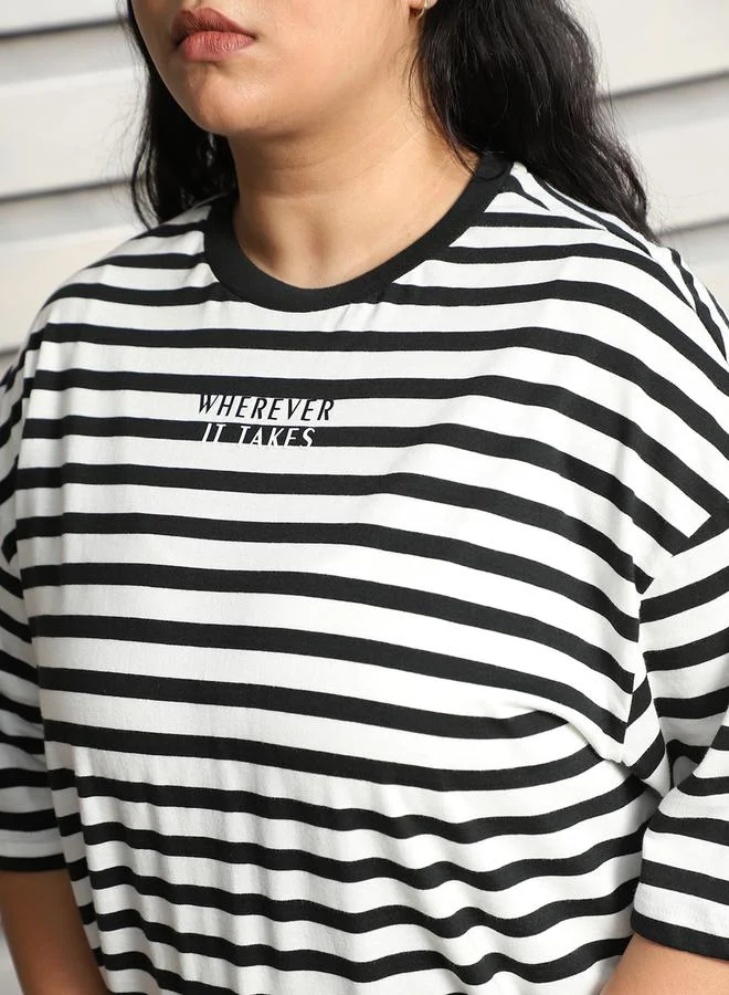 HIGH STAR Plus Size Striped Oversized T-Shirt with  Dropped Shoulder Sleeves by Styli
