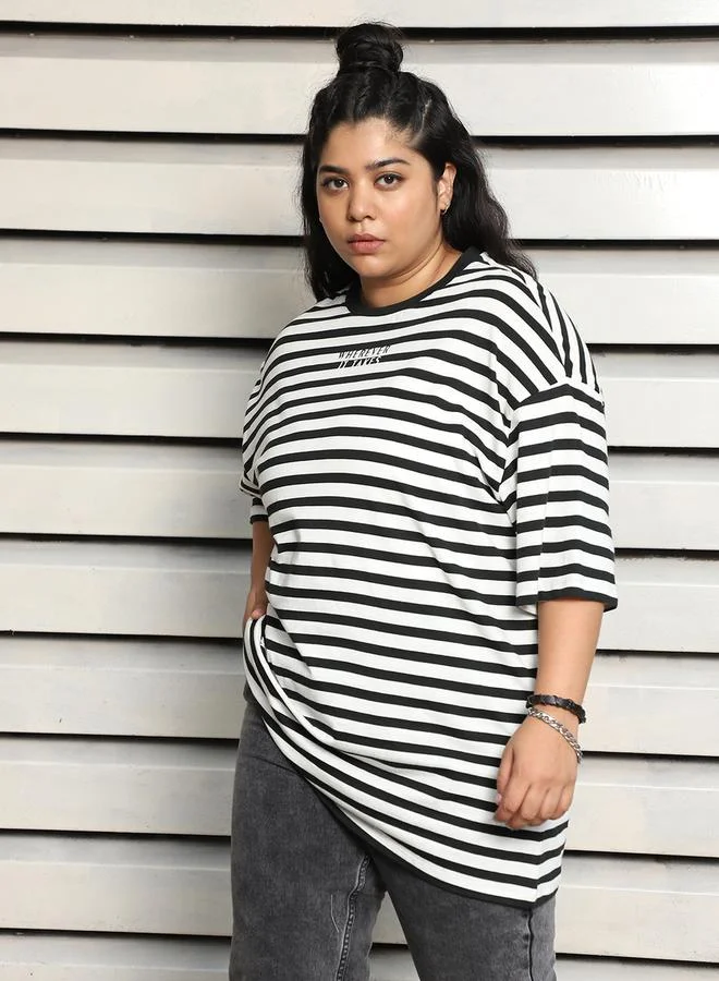 HIGH STAR Plus Size Striped Oversized T-Shirt with  Dropped Shoulder Sleeves by Styli