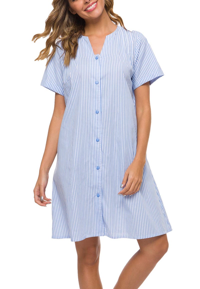 YOZLY House Dress Women Cotton Duster Robe Short Sleeve Housecoat Button Down Nightgown Light Blue XX-Large - Image 2