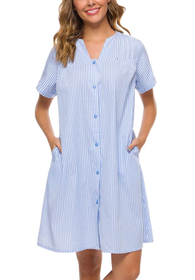 YOZLY House Dress Women Cotton Duster Robe Short Sleeve Housecoat Button Down Nightgown Light Blue XX-Large - Image 1