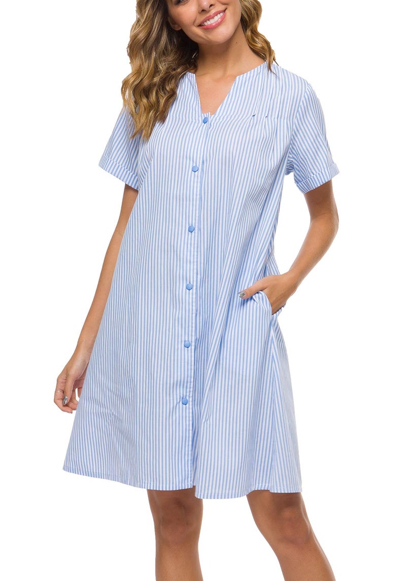 YOZLY House Dress Women Cotton Duster Robe Short Sleeve Housecoat Button Down Nightgown Light Blue XX-Large - Image 3