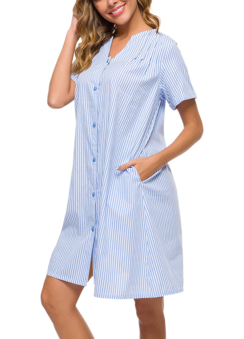 YOZLY House Dress Women Cotton Duster Robe Short Sleeve Housecoat Button Down Nightgown Light Blue XX-Large - Image 4