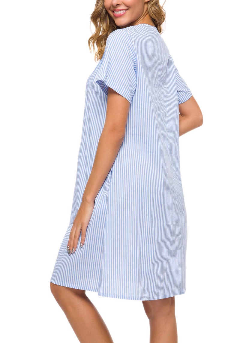 YOZLY House Dress Women Cotton Duster Robe Short Sleeve Housecoat Button Down Nightgown Light Blue XX-Large - Image 5