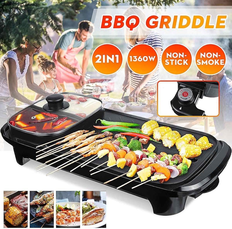 Eworld شواية كهربائية 2 في 1 ووعاء ساخن، طباخ متعدد غير لاصق للشواء الداخلي ووعاء ساخن - Image 2