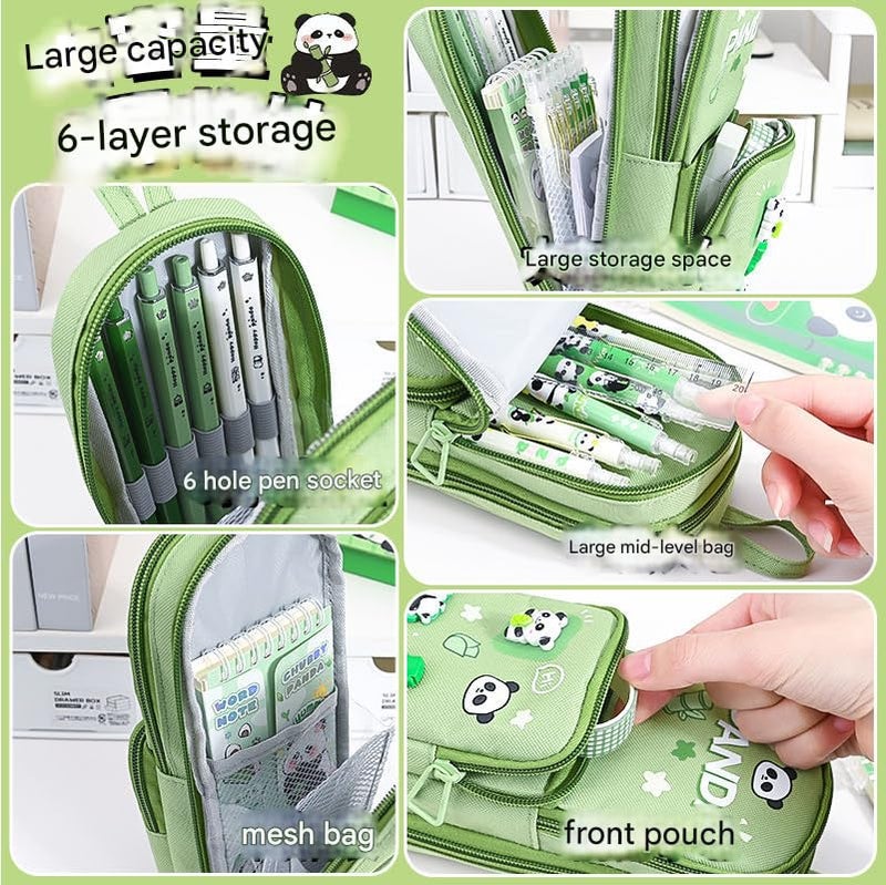 SAJANI Three Layer School Bag-Shaped Pencil Pouch, Large-Capacity Pencil Pouch with Zipper, Multipurpose Pen & Pencil Case for School Supplies for Boys & Girls (Pack of 1) (Panda - Green) - Image 5
