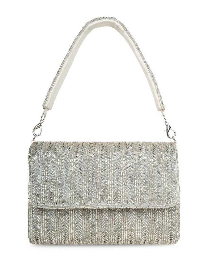 Anekaant Crystal Cascade Silver Embellished Clutch For Ladies | Party & Wedding Handbag - Image 1