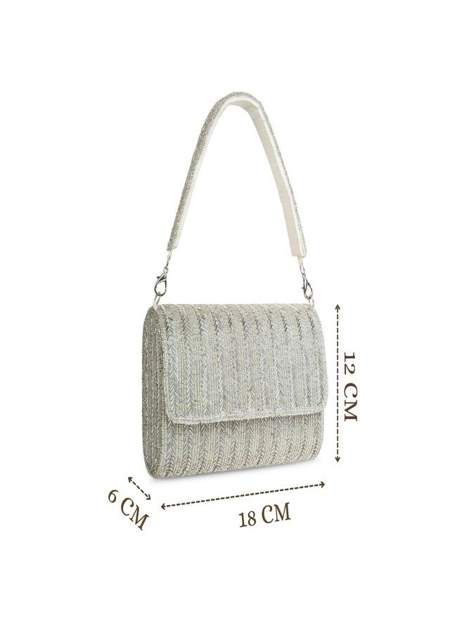 Anekaant Crystal Cascade Silver Embellished Clutch For Ladies | Party & Wedding Handbag - Image 5