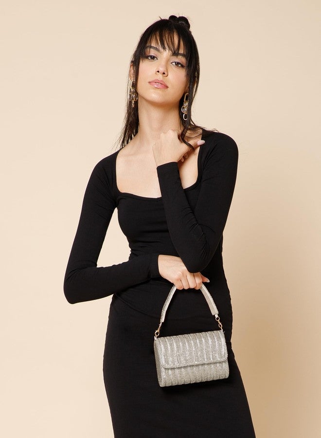 Anekaant Crystal Cascade Silver Embellished Clutch For Ladies | Party & Wedding Handbag - Image 2