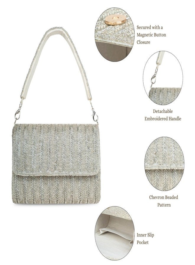 Anekaant Crystal Cascade Silver Embellished Clutch For Ladies | Party & Wedding Handbag - Image 3
