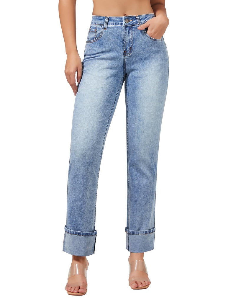 roswear Womenâ€™s Straight Leg Jeans High Waisted Boyfriend Stretchy Cuffed Denim Pants Light Blue Medium - Image 1