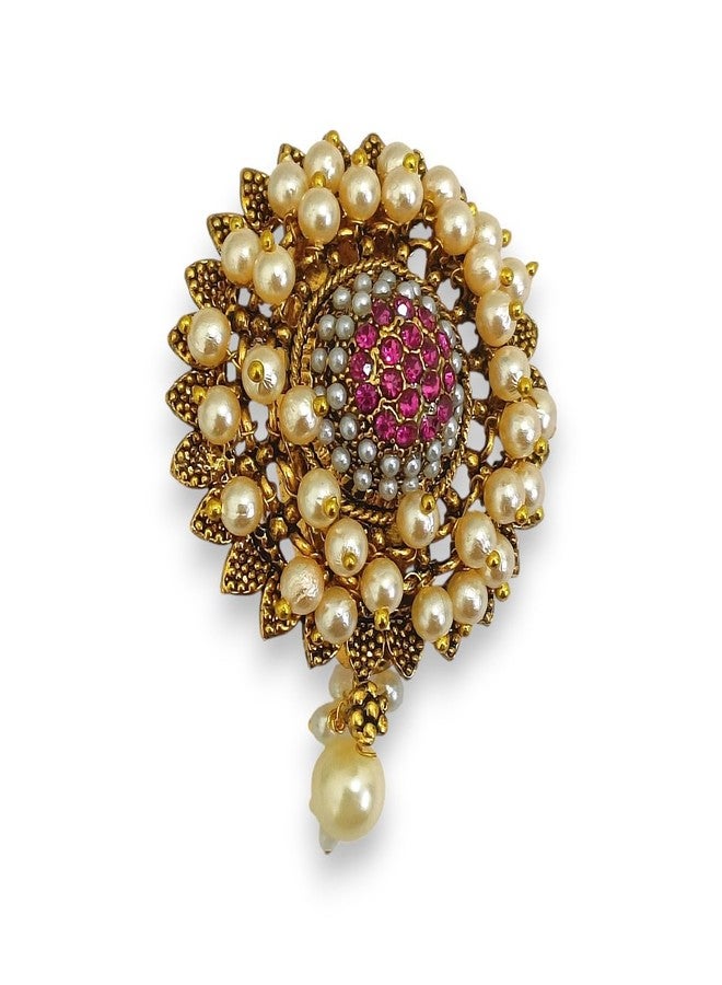 ACCESSHER Women & Girls Gold-Plated Traditional Pink Floral Layered Pearl Multipurpose Cloth Brooch & Pin for Dupatta, Chunri Scrafs, Hijab & Saree Pin For Wedding - Image 1