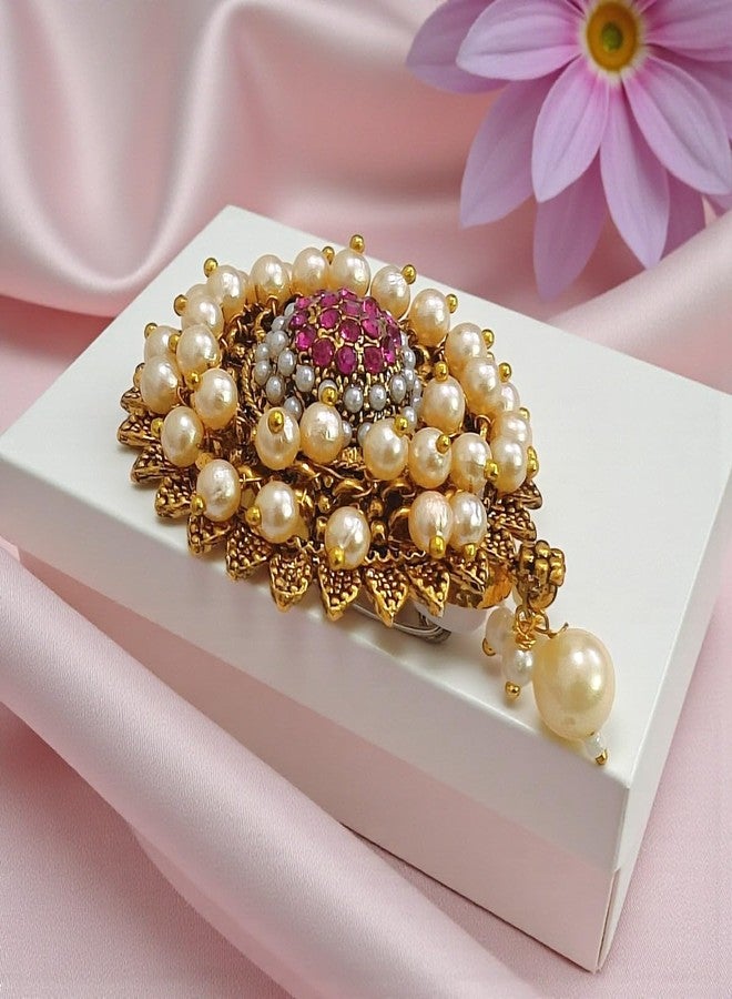 ACCESSHER Women & Girls Gold-Plated Traditional Pink Floral Layered Pearl Multipurpose Cloth Brooch & Pin for Dupatta, Chunri Scrafs, Hijab & Saree Pin For Wedding - Image 4