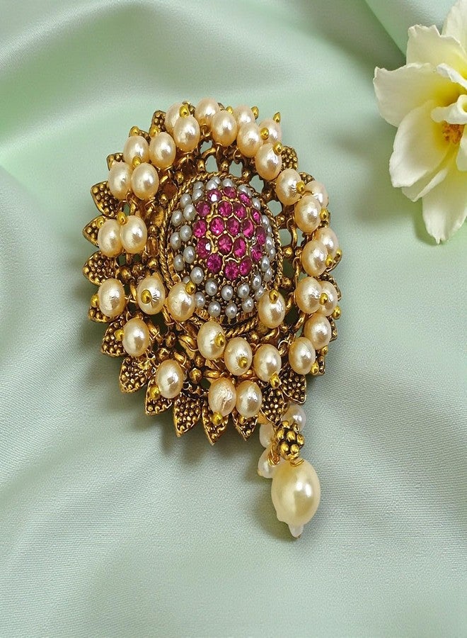 ACCESSHER Women & Girls Gold-Plated Traditional Pink Floral Layered Pearl Multipurpose Cloth Brooch & Pin for Dupatta, Chunri Scrafs, Hijab & Saree Pin For Wedding - Image 3