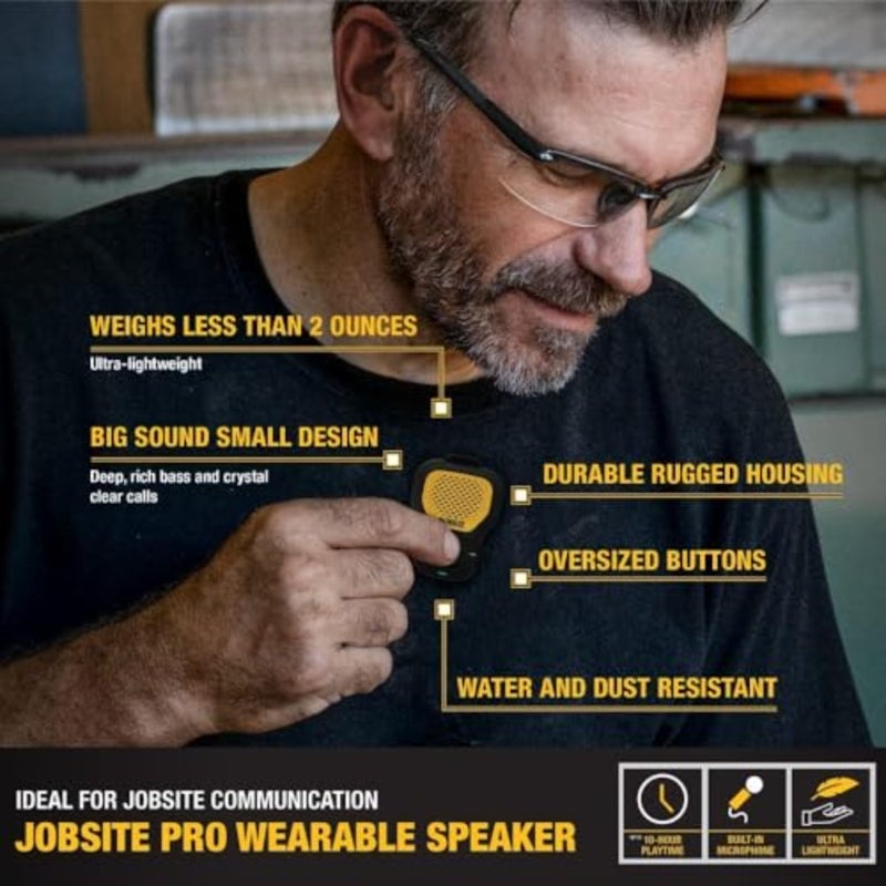 Jobsite Pro wearable speaker for construction use, durable polymer body, black color, hands-free Bluetooth audio with 360 sound and IP67 water/dust resistance - Image 5