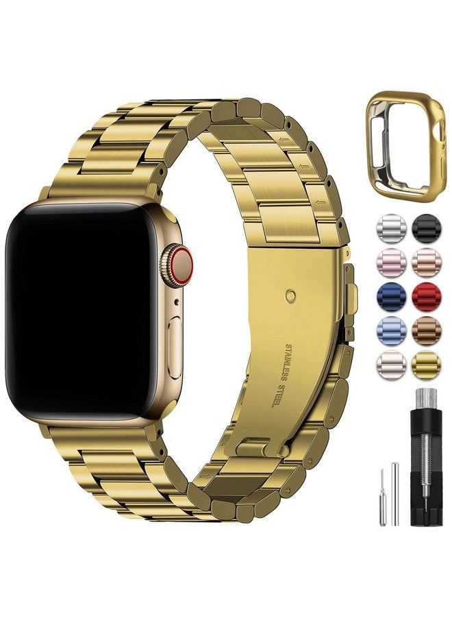 Fullmosa Fullmosa Compatible Apple Watch Band 42mm 44mm 45mm, Stainless Steel iWatch Band with Case for Apple Watch Series 9/8/7/6/5/4/3/2/1/SE/SE2/Ultra 2/Ultra, 42mm 44mm 45mm Golden(Watch not Included)  - Image 1