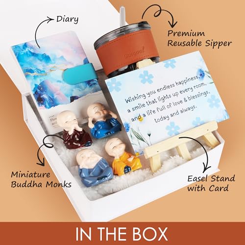 Relish The Loony Box Gift Hamper For Women, Sister, Lover, Wife - Buddha Monk Figurines, Travel Tumbler with Lid, Notebook & Greeting Card - Gift For Birthday, Valentine & Special Occassions - Image 2