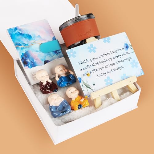 Relish The Loony Box Gift Hamper For Women, Sister, Lover, Wife - Buddha Monk Figurines, Travel Tumbler with Lid, Notebook & Greeting Card - Gift For Birthday, Valentine & Special Occassions - Image 1