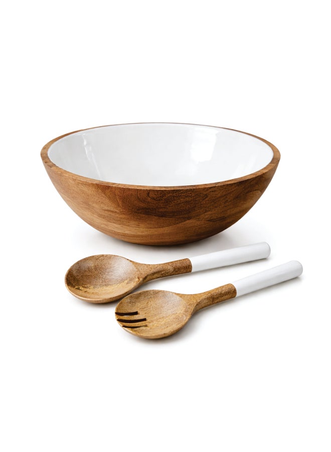 Aanya Homecraft Premium 30 cm Acacia Wood Salad Bowl Set with White Enamel Coating & Matching Salad Servers – Natural & White Luxury Serving Bowl
