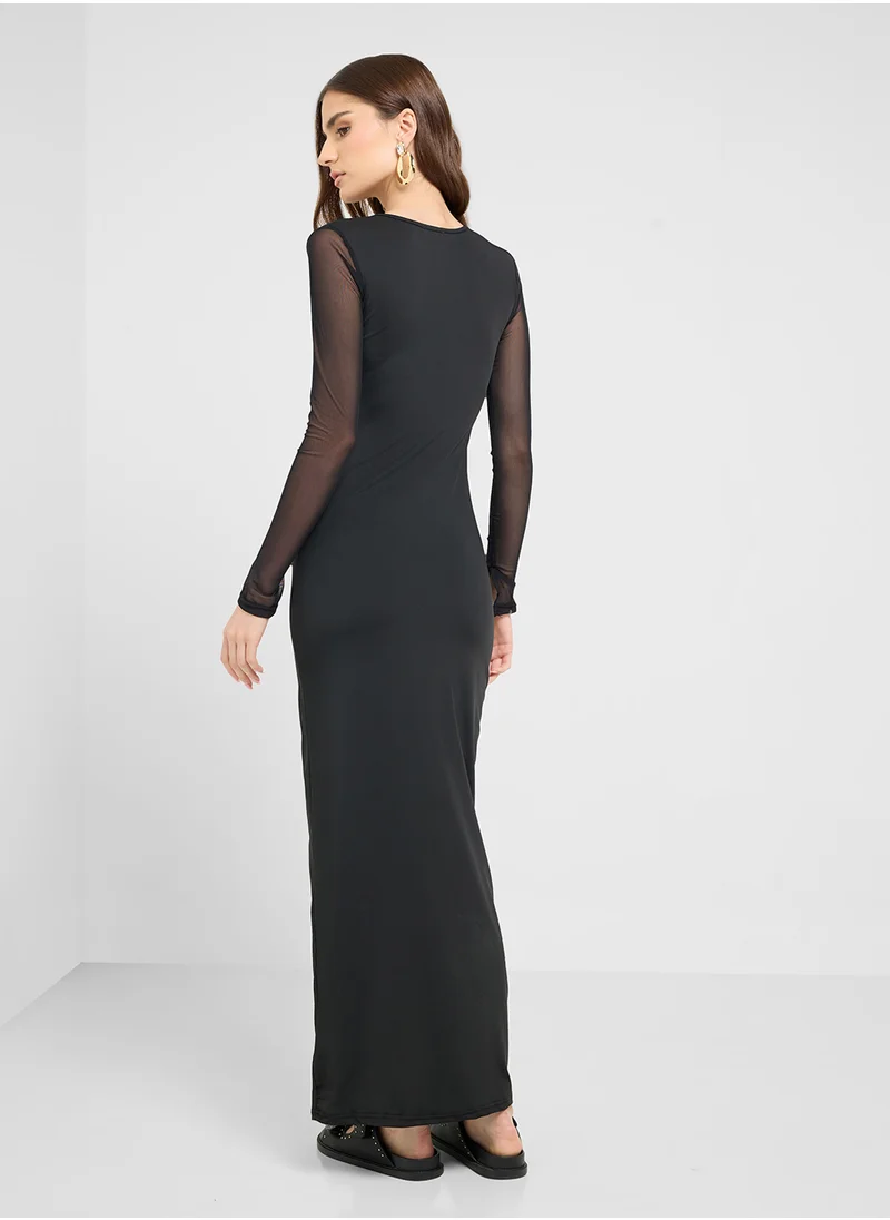 جينجر Mesh Plunge Neck Bodycon Maxi Dress