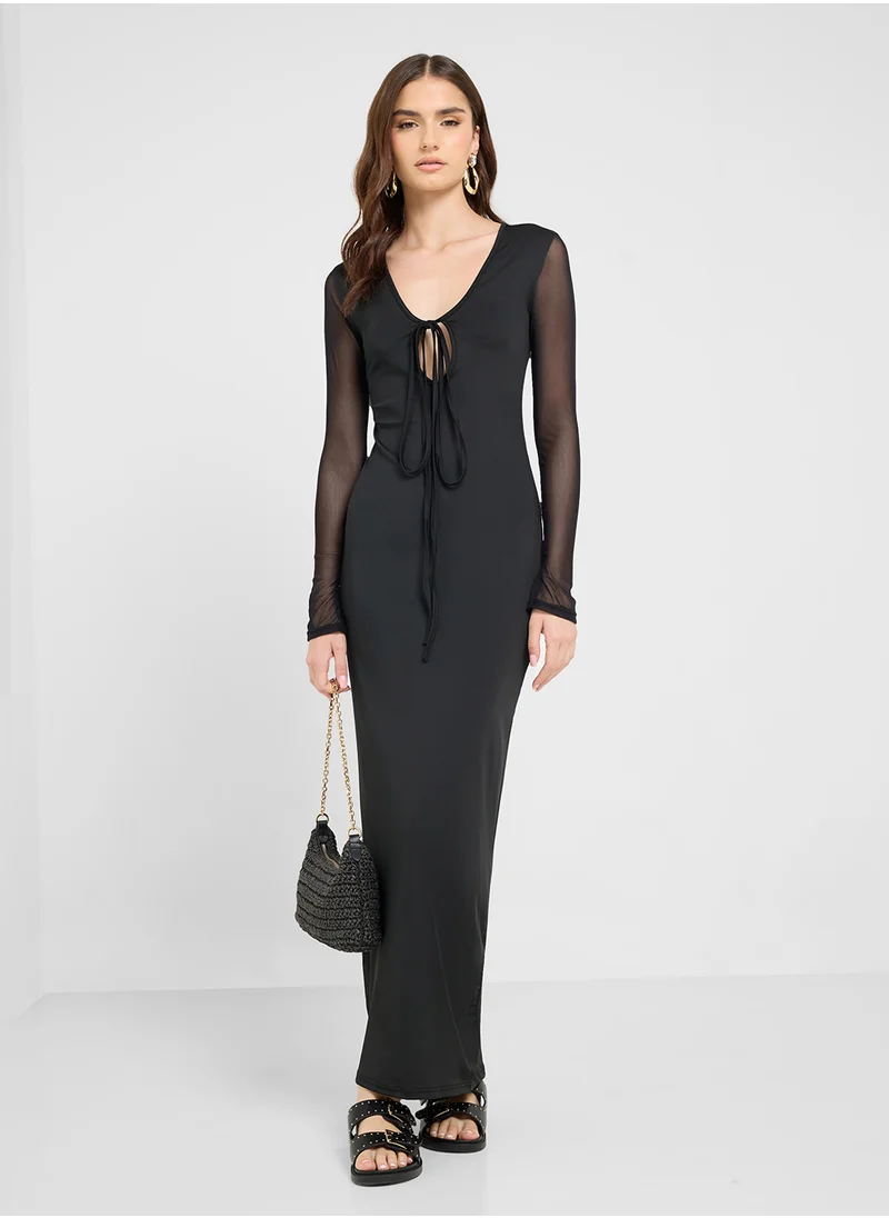جينجر Mesh Plunge Neck Bodycon Maxi Dress