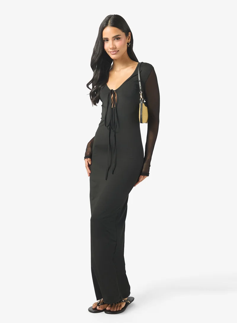 Ginger Mesh Plunge Neck Bodycon Maxi Dress
