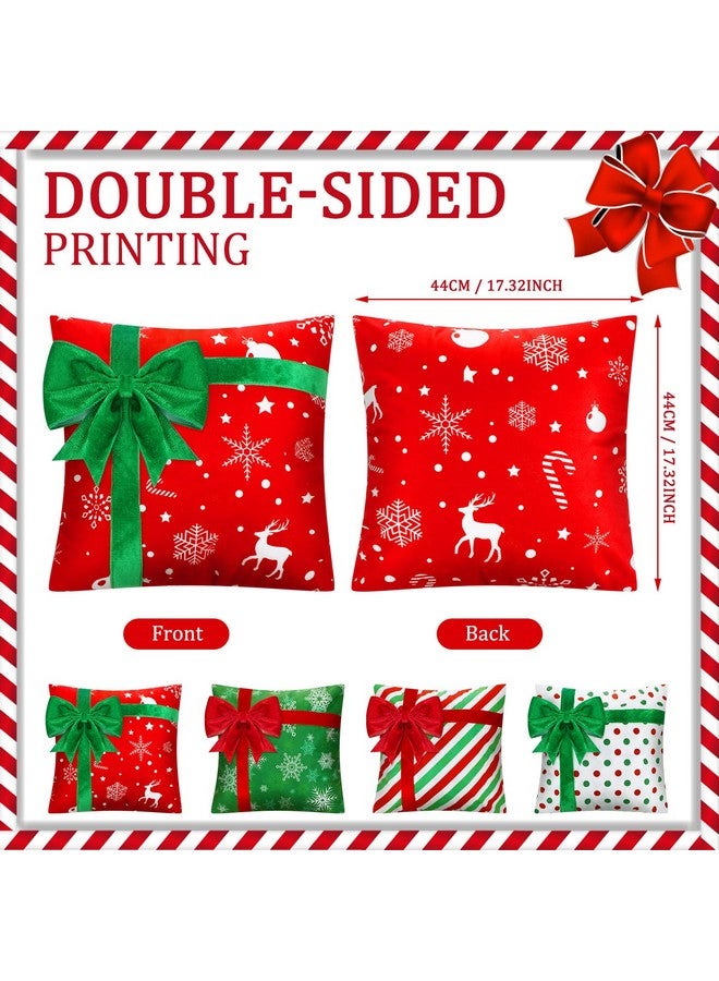Kingdder غطاء وسادة كينغدر لعيد الميلاد مجموعة من 4 أغطية وسائد مزرعة عيد الميلاد صندوق هدايا نمط زخرفة ثلجية مع قوس لتزيين الأريكة في العطلات (18 × 18 بوصة) - Image 2