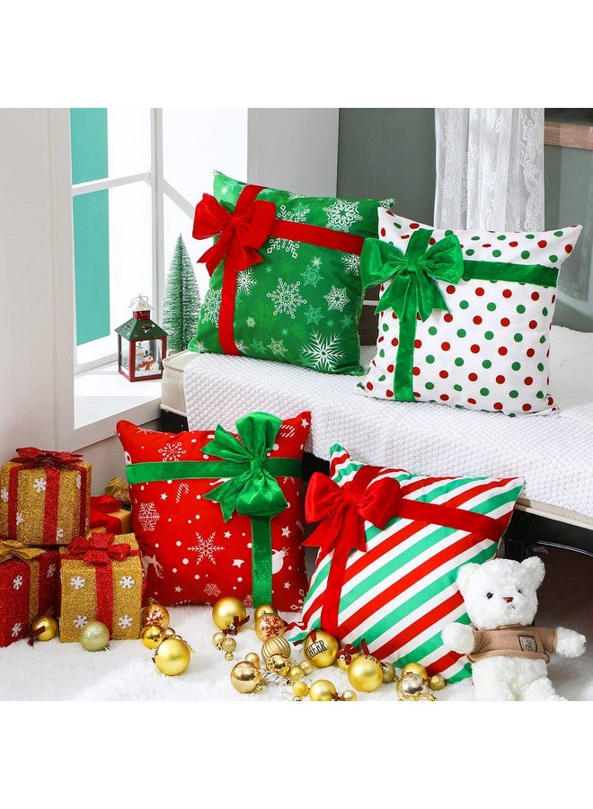 Kingdder غطاء وسادة كينغدر لعيد الميلاد مجموعة من 4 أغطية وسائد مزرعة عيد الميلاد صندوق هدايا نمط زخرفة ثلجية مع قوس لتزيين الأريكة في العطلات (18 × 18 بوصة) - Image 4