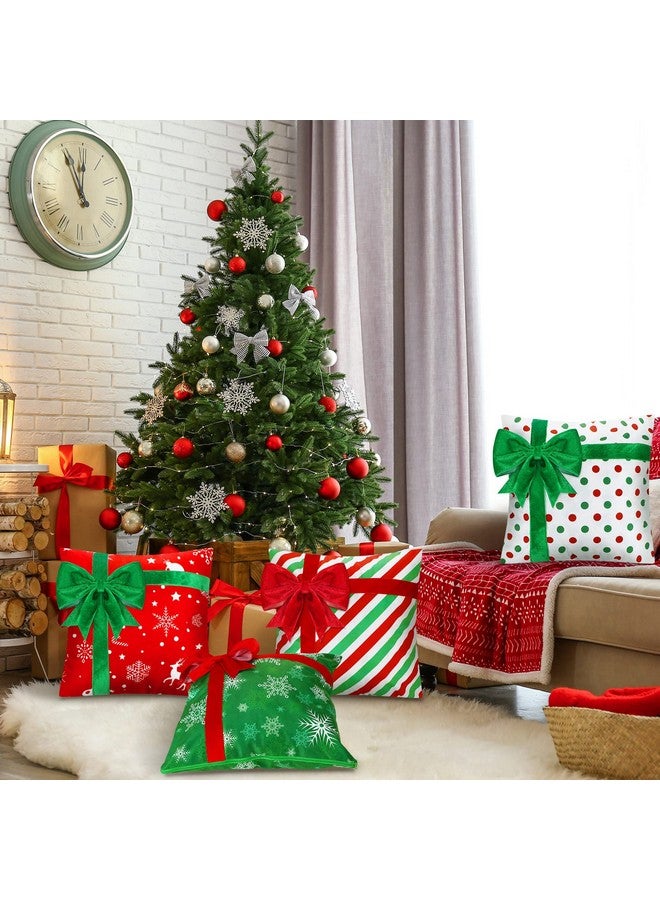 Kingdder غطاء وسادة كينغدر لعيد الميلاد مجموعة من 4 أغطية وسائد مزرعة عيد الميلاد صندوق هدايا نمط زخرفة ثلجية مع قوس لتزيين الأريكة في العطلات (18 × 18 بوصة) - Image 5
