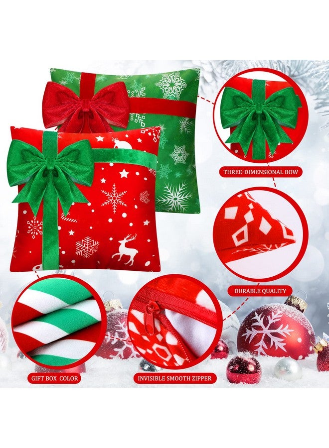 Kingdder غطاء وسادة كينغدر لعيد الميلاد مجموعة من 4 أغطية وسائد مزرعة عيد الميلاد صندوق هدايا نمط زخرفة ثلجية مع قوس لتزيين الأريكة في العطلات (18 × 18 بوصة) - Image 3