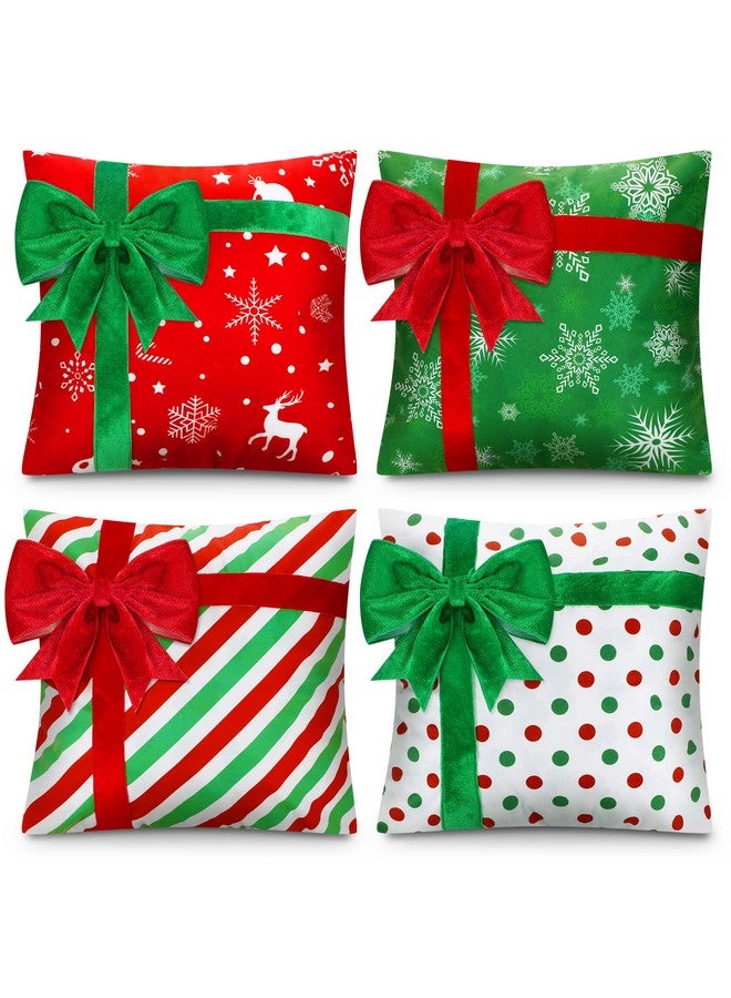 Kingdder غطاء وسادة كينغدر لعيد الميلاد مجموعة من 4 أغطية وسائد مزرعة عيد الميلاد صندوق هدايا نمط زخرفة ثلجية مع قوس لتزيين الأريكة في العطلات (18 × 18 بوصة) - Image 1