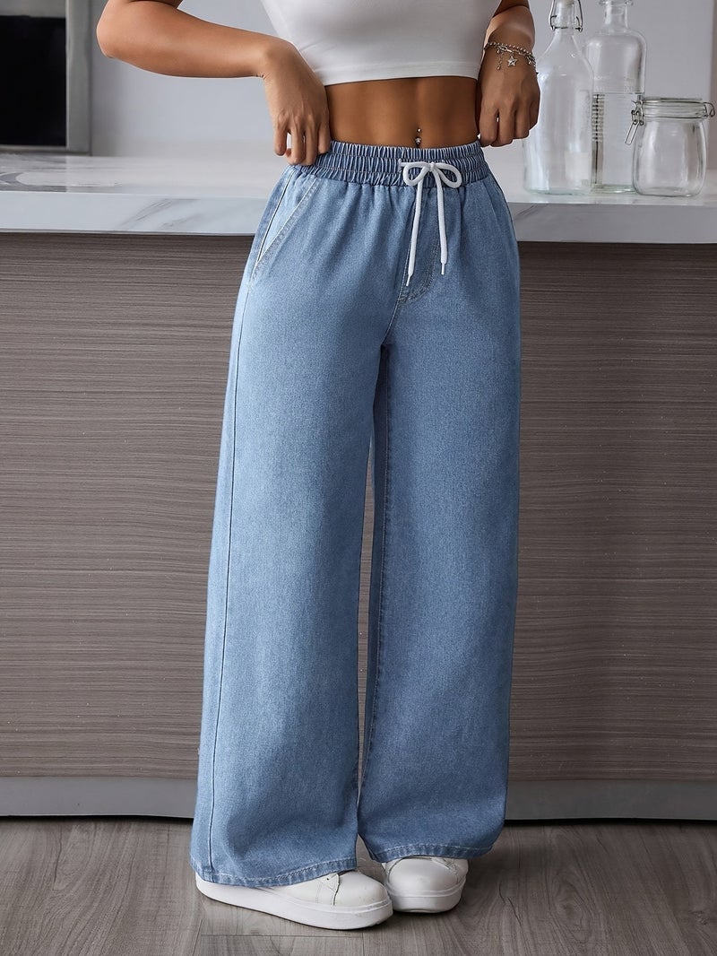 Fashionable Casual High-Waisted Loose Drawstring Wide-Leg Jeans for Shorter Individuals - Image 2