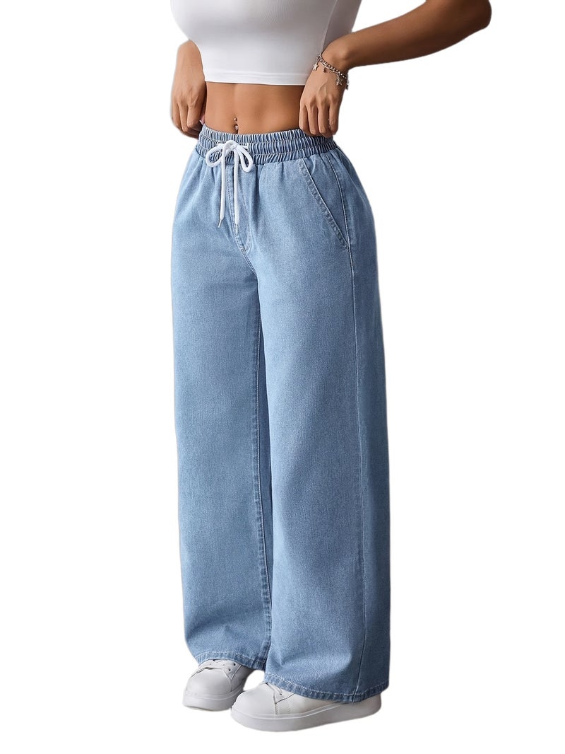Fashionable Casual High-Waisted Loose Drawstring Wide-Leg Jeans for Shorter Individuals - Image 1