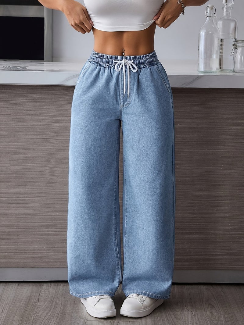 Fashionable Casual High-Waisted Loose Drawstring Wide-Leg Jeans for Shorter Individuals - Image 3