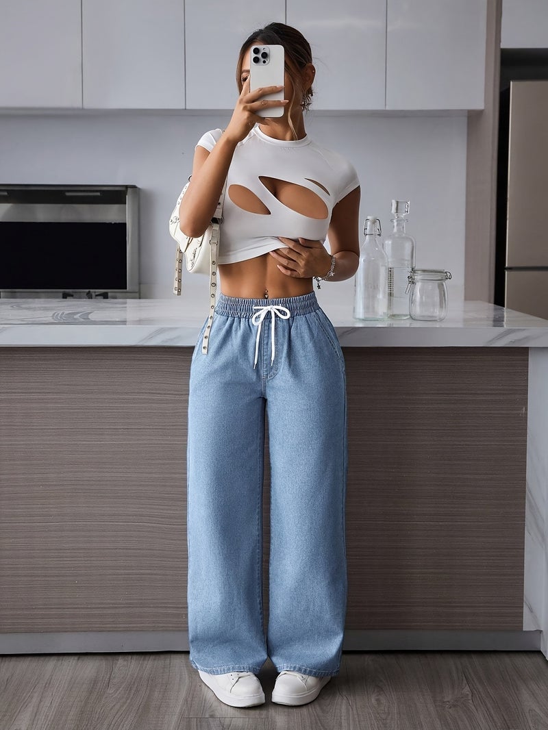 Fashionable Casual High-Waisted Loose Drawstring Wide-Leg Jeans for Shorter Individuals - Image 5