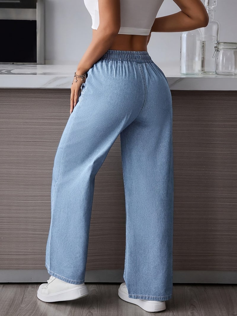 Fashionable Casual High-Waisted Loose Drawstring Wide-Leg Jeans for Shorter Individuals - Image 4