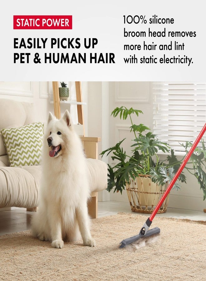 RAVMAG 2-in-1 Silicone Rubber Broom Carpet Rake and Squeegee - Swivel Pet Hair Removal Broom with Long Handle - Slanted Side Bristles for Corners - Multipurpose Rubber Broom for Carpet, Hardwood Floor, Tile - Image 2