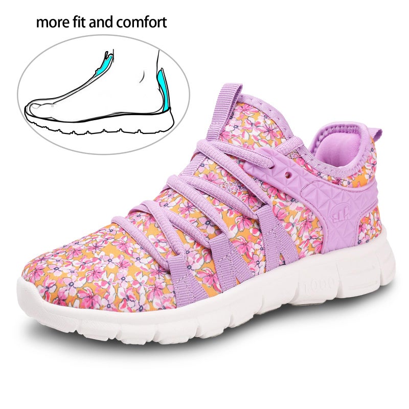 Inzcou Running Shoes Lightweight Tennis Shoes Non Slip Gym Workout Shoes Breathable Mesh Walking Sneakers Purple Orange Flower 7Women / 6Men - Image 3