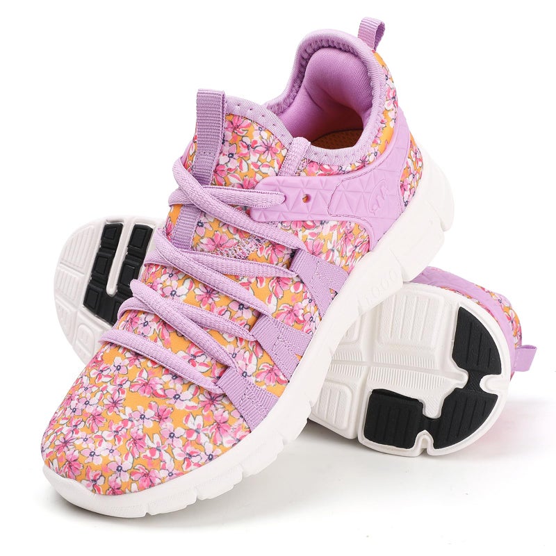Inzcou Running Shoes Lightweight Tennis Shoes Non Slip Gym Workout Shoes Breathable Mesh Walking Sneakers Purple Orange Flower 7Women / 6Men - Image 1