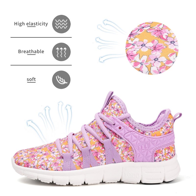 Inzcou Running Shoes Lightweight Tennis Shoes Non Slip Gym Workout Shoes Breathable Mesh Walking Sneakers Purple Orange Flower 7Women / 6Men - Image 4