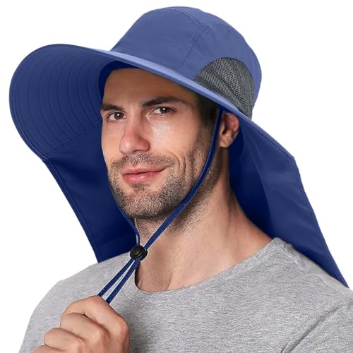 GUSTAVE® Sun Hat for Men Wide Brim UPF 50+ Hats for Men with Neck Flap Breathable Adjustable Windproof Chin Strap for Hiking Fishing Gardening Navy - Image 1