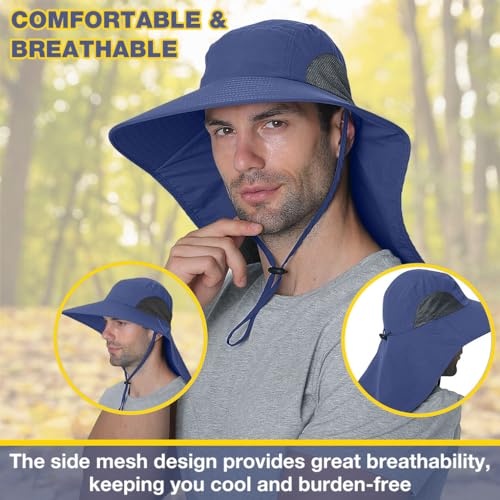 GUSTAVE® Sun Hat for Men Wide Brim UPF 50+ Hats for Men with Neck Flap Breathable Adjustable Windproof Chin Strap for Hiking Fishing Gardening Navy - Image 3