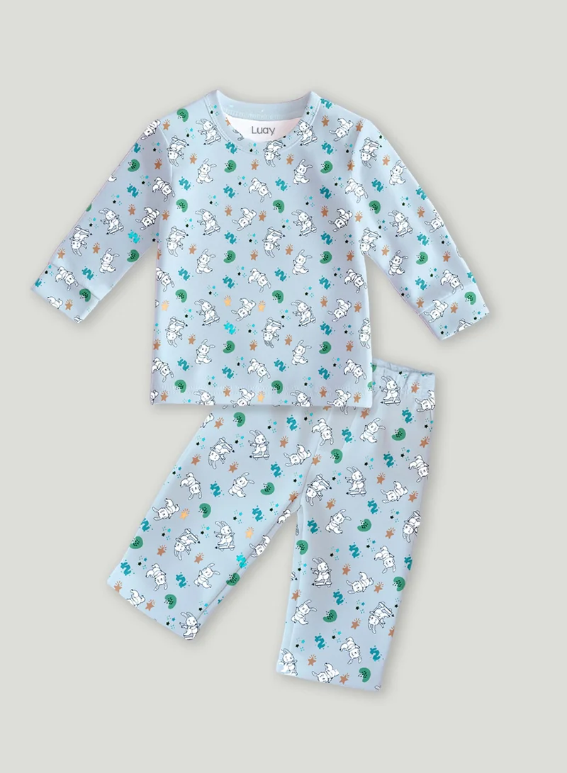 لؤي لؤي® طقم مطبوع بتصميم الأرنب من القطن بنسبة 100% | أزياء فائقة النعومة، أنيقة وراقية | تيشيرت بأكمام طويلة وبنطال مريح - أزرق سماوي