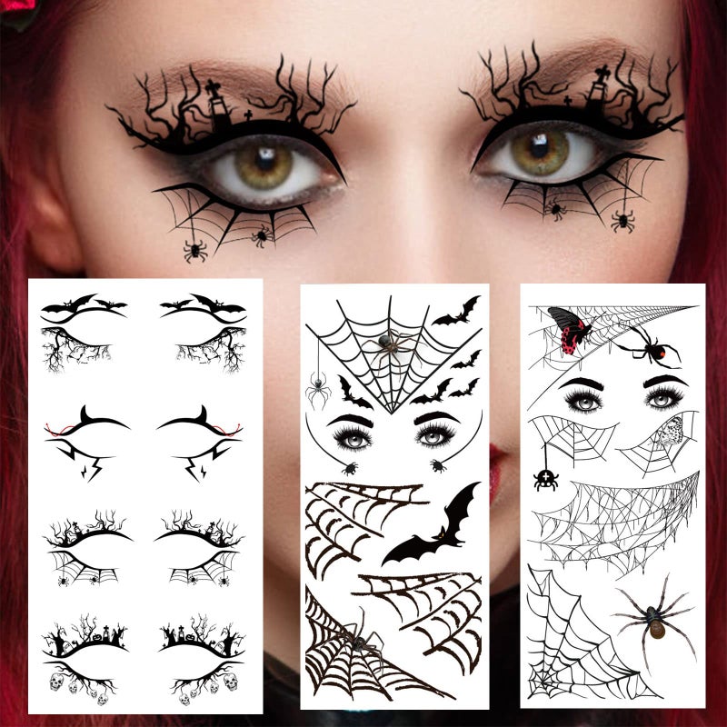 Furimuk 4 Pairs Halloween Eye Shadow Stickers Eyeliner Decals Spider Web Skull Bat Temporary Tattoo Stickers Face eye Makeup Stickers for Women Girls Halloween Masquerade Party