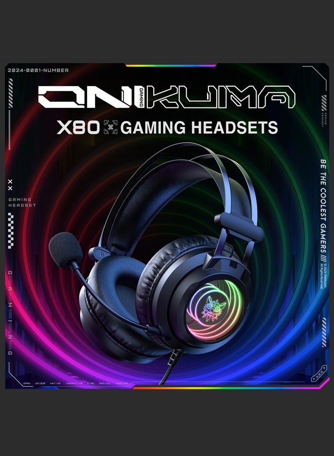 onikuma X80 Gaming Headset with Mic,Over-Ear Wired Gaming Headphones with 50mm Drivers & RGB | Adaptive Headband, Noise-Canceling Mic for PS4/PS5/XOne/XSeries/NSwitch/PC,Black - Image 2