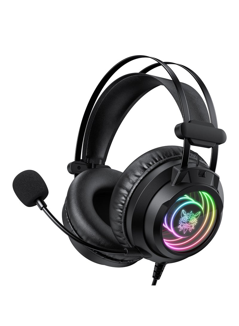 onikuma X80 Gaming Headset with Mic,Over-Ear Wired Gaming Headphones with 50mm Drivers & RGB | Adaptive Headband, Noise-Canceling Mic for PS4/PS5/XOne/XSeries/NSwitch/PC,Black - Image 1