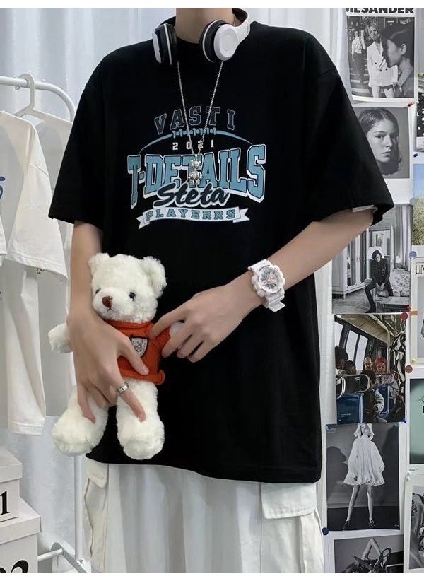 Generic - Summer Short Sleeve Shirt Men Hong Kong Style Loose Trendy Casual Base Shirt Fashion Brand Letter Couple Round Neck T-shirt Black - Image 1